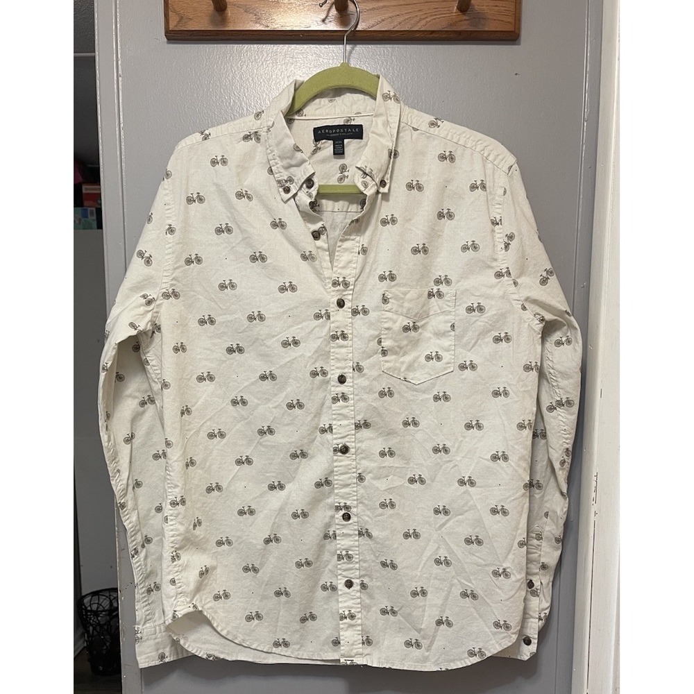 Aeropostale Men's Ivory Long Sleeve Shirt With Bicycle Print Size Medium